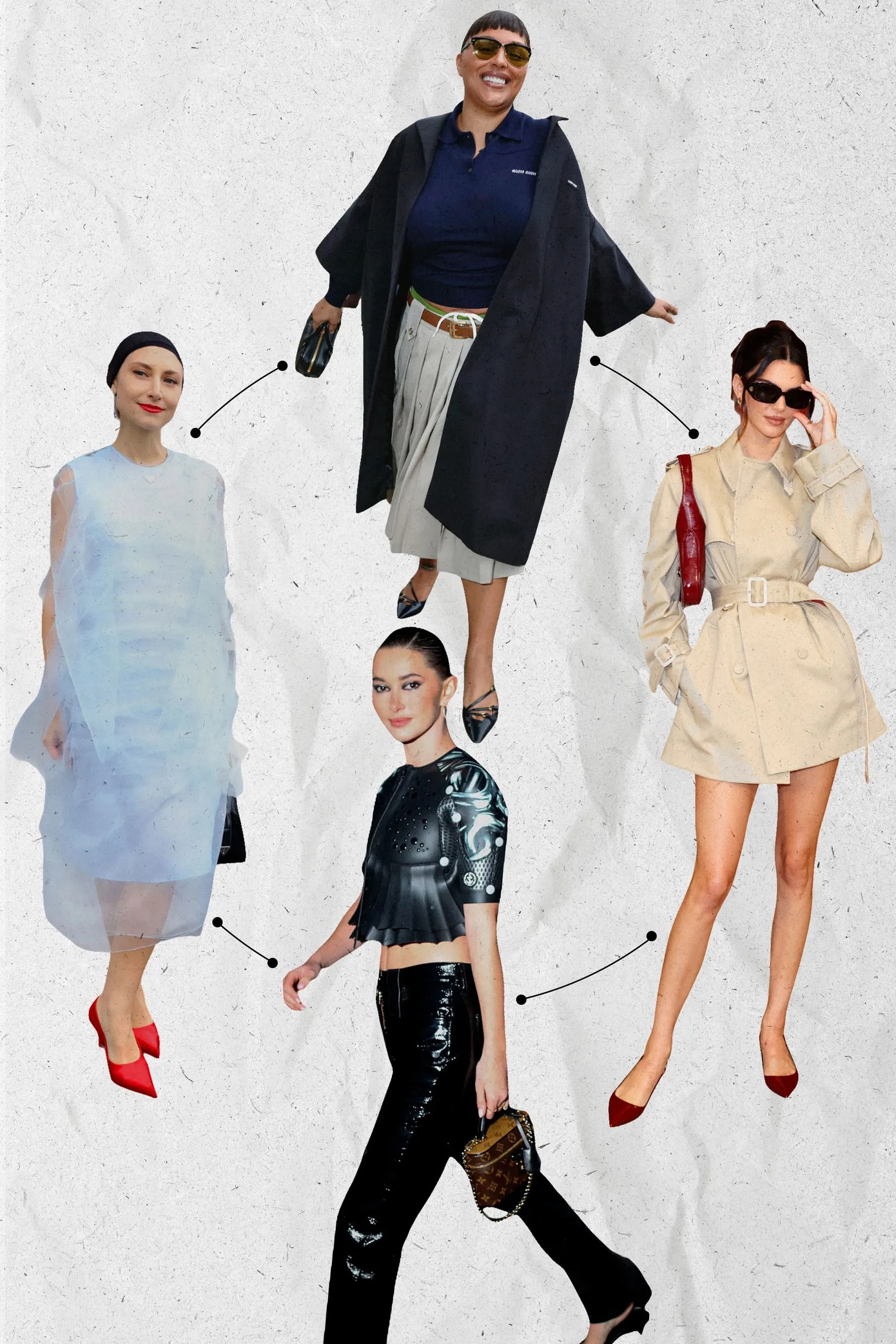 Jenny Walton mặc Prada, Paloma Elsesser mặc Miu Miu, Kendall Jenner mặc Gucci, và Madeleine White mặc Louis Vuitton. Jenny Walton mặc Prada, Paloma Elsesser mặc Miu Miu, Kendall Jenner mặc Gucci, và Madeleine White mặc Louis Vuitton.