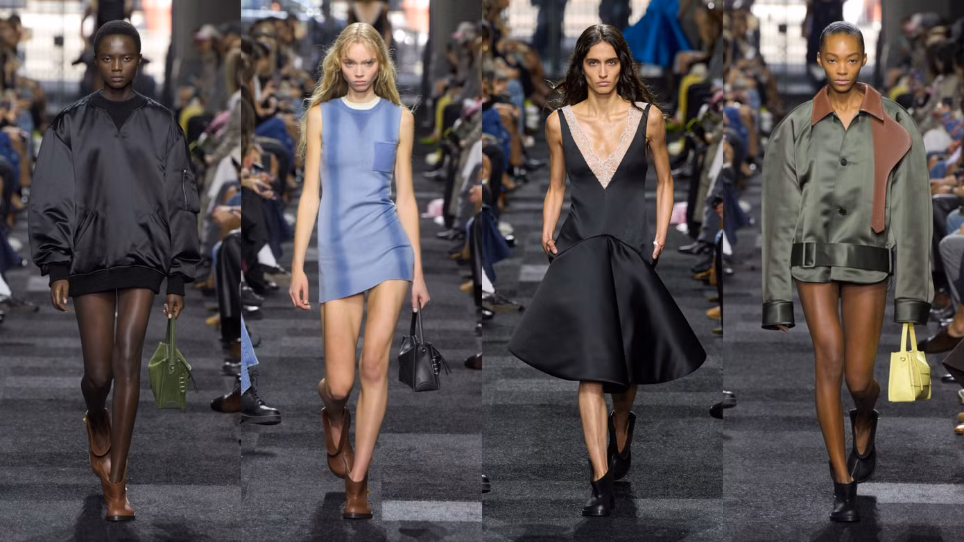 Áo khoác bomber phồng được Anderson định hình lại thành kiểu áo liền quần bồng bềnh. Áo khoác bomber phồng được Anderson định hình lại thành kiểu áo liền quần bồng bềnh.