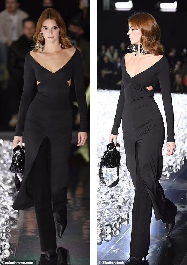 Người đẹp sinh năm 1995 gây ấn tượng mạnh với chiếc váy đen cổ chữ V khoét rộng, kết hợp quần ống đứng, boot mũi nhọn và túi xách "ton-sur-ton".