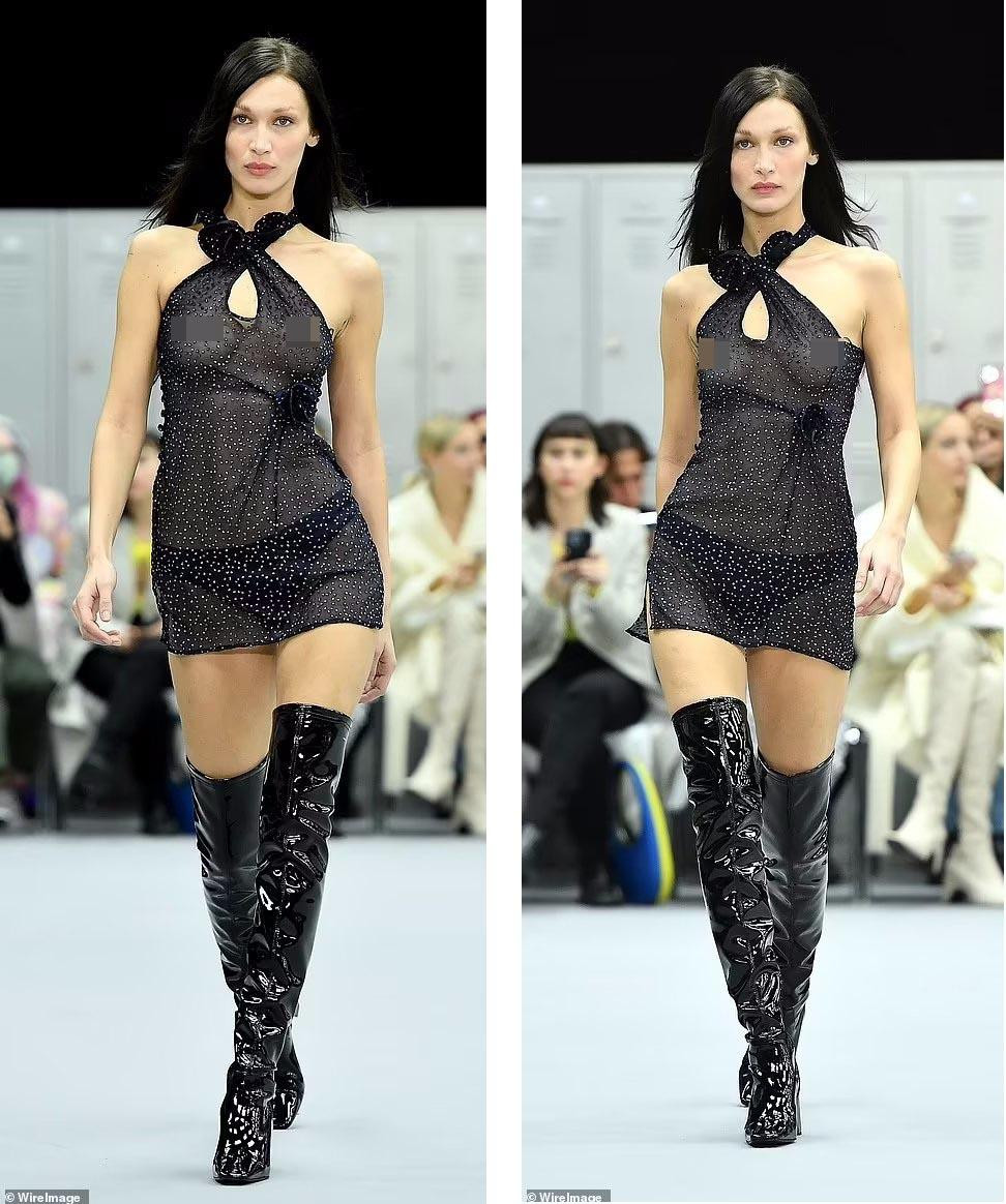 Ngày 3/3, Bella Hadid trình diễn cho show của Coperni Thu/Đông 2022-2023 tại Tuần lễ thời trang Paris. Người đẹp sinh năm 1996 xuất hiện trong chiếc váy mini xuyên thấu, phối boot da dài trên đầu gối màu đen.