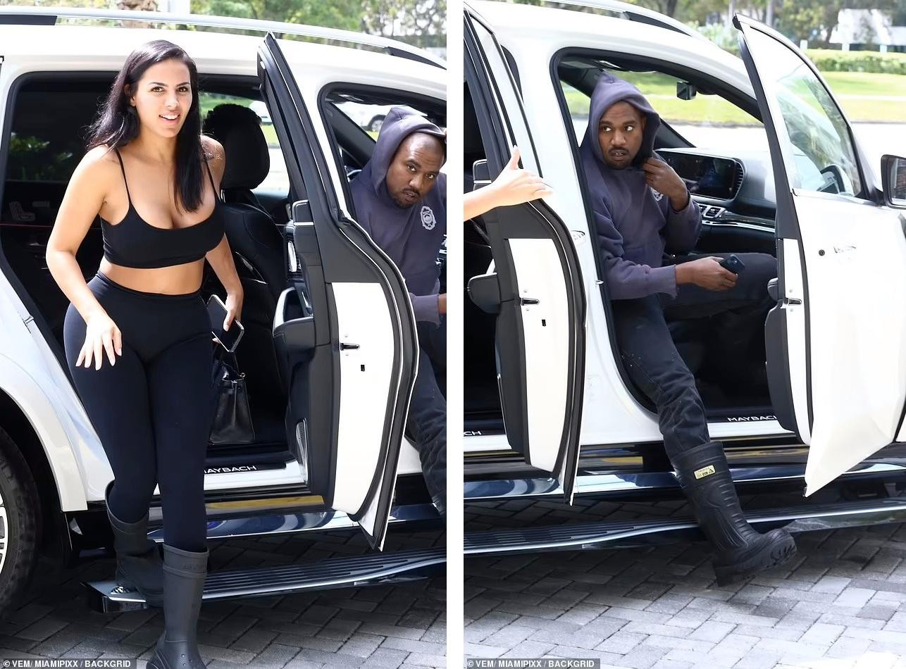 Người đẹp 9x trang điểm nhẹ nhàng, xõa tóc, mặc áo bra hai dây sexy kết hợp quần legging đen và đôi boot cổ cao gần đến đầu gối trị giá 695 bảng Anh (21 triệu đồng). Có thể thấy, Kanye cũng đi một đôi boot tương tự.