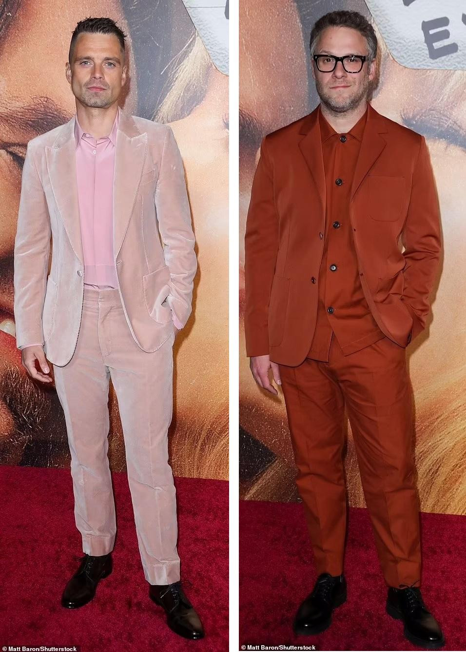 Stan mặc bộ đồ nhung màu hồng, trong khi Rogen mặc bộ đồ màu đỏ cam. Cả hai đều trông thời trang và bảnh bao.