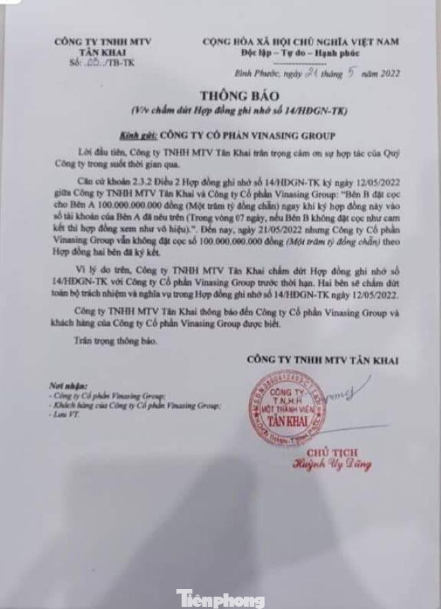 Thông báo chấm dứt việc chuyển nhượng một phần dự án với lý do chủ đầu tư không nhận được tiền cọc