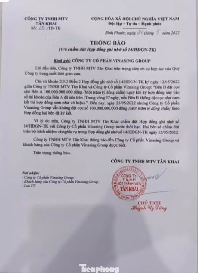 Thông báo chấm dứt việc chuyển nhượng một phần dự án với lý do chủ đầu tư không nhận được tiền cọc