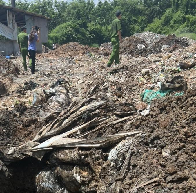 Lực lượng chức năng kiểm tra khu vực chôn chất thải