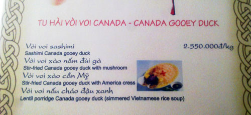 Thực đơn tu hài Canada của một nhà hàng hải sản cao cấp