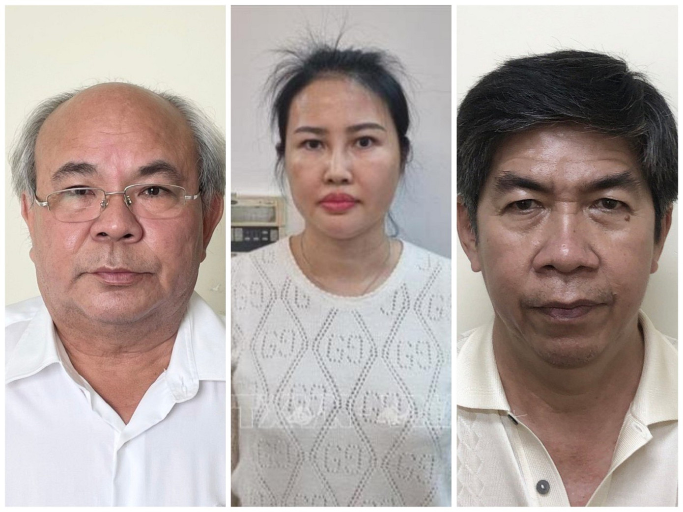 Từ trái sang: Ông Hoa Công Hậu, bà Nga và ông Lê Thành Lữ tại Cơ quan điều tra. Ảnh: CA