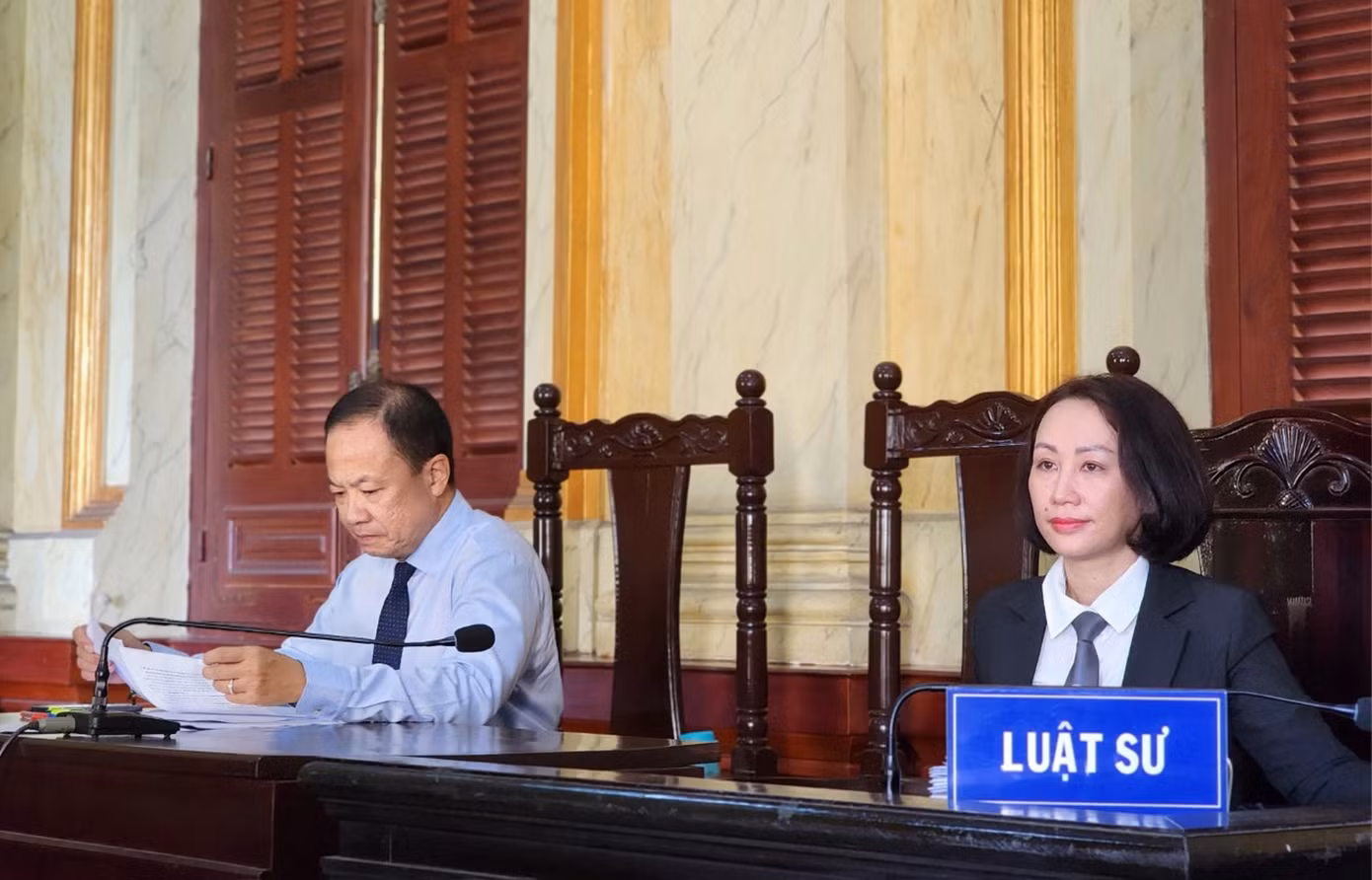 Luật sư Nguyễn Hữu Thế Trạch (trái) tại phiên tòa.