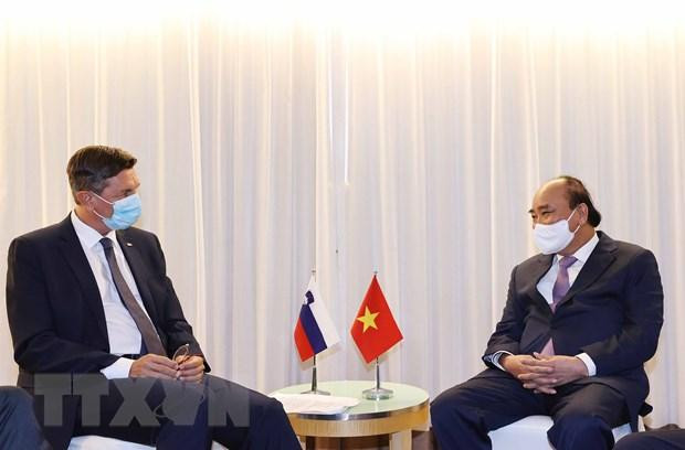 Chủ tịch nước Nguyễn Xuân Phúc gặp Tổng thống Slovenia Borut Pahor. (Ảnh: Thống Nhất/TTXVN)