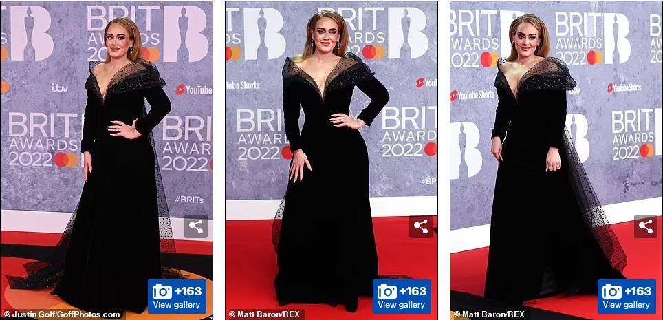 Adele quyến rũ trong một chiếc váy nhung đen tuyệt đẹp. Sau khi giảm cân thành công, nữ ca sĩ 8x "thăng hạng" nhan sắc và theo đuổi phong cách gợi cảm, sang trọng. Trong lễ trao giải Brit Awards 2022, cô được vinh danh là "Nghệ sĩ của năm".