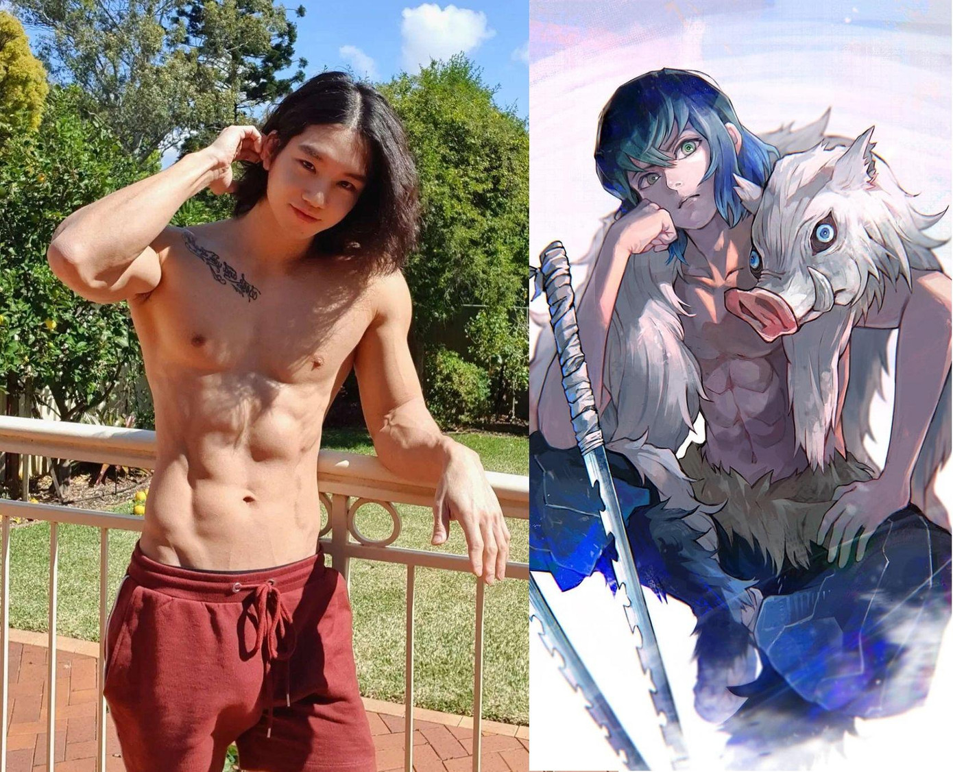 Ngoài ra, &quot;hiện tượng mạng&quot; xứ củ sâm còn được so sánh với Hashibira Inosuke - thợ săn quỷ có gương mặt xinh đẹp như con gái trái ngược với thân hình &quot;6 múi&quot; trong truyện tranh &quot;Thanh gươm diệt quỷ&quot; nổi tiếng của Nhật Bản.