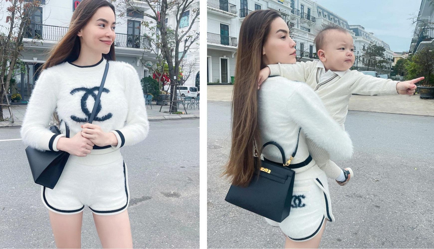 Hồ Ngọc Hà diện mốt “trên đông, dưới hè” bế con trai Leo đi du xuân.