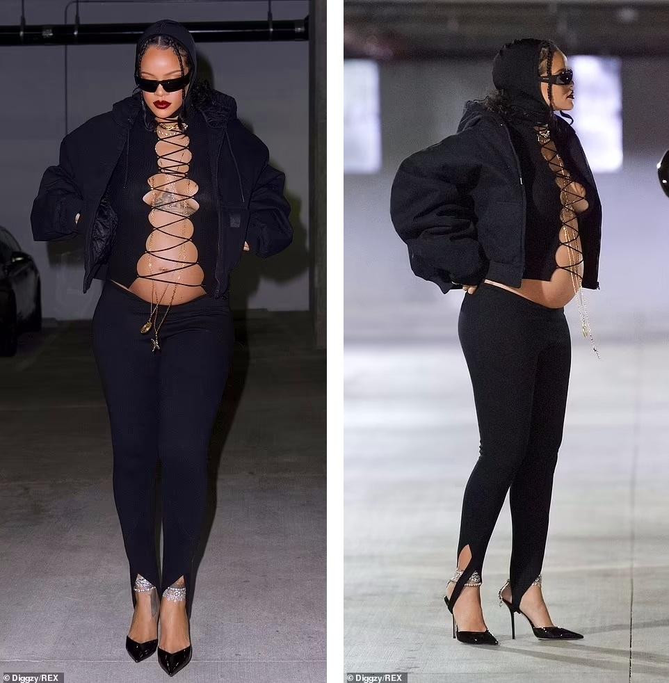 Cuối tuần qua, Rihanna được phát hiện trong một tầng hầm đỗ xe ở Beverly Hills, Los Angeles, Mỹ. Theo Daily Mail, người đẹp sinh năm 1988 ra ngoài đi ăn tối. Đây là lần đầu cô lộ diện sau khi thông báo tin vui.