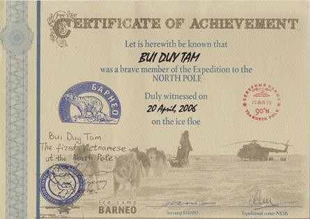Bằng chứng nhận ông Bùi Duy Tâm là thành viên dũng cảm của đoàn thám hiểm Bắc Cực Bằng chứng nhận ông Bùi Duy Tâm là thành viên dũng cảm của đoàn thám hiểm Bắc Cực
