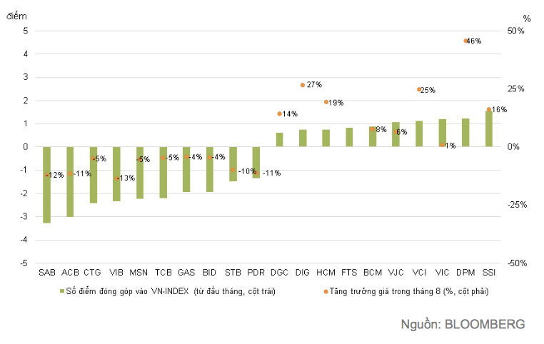 SSI là mã đóng góp nhiều nhất cho VN-Index trong tháng 8/2021, theo sau là DPM, VJC SSI là mã đóng góp nhiều nhất cho VN-Index trong tháng 8/2021, theo sau là DPM, VJC