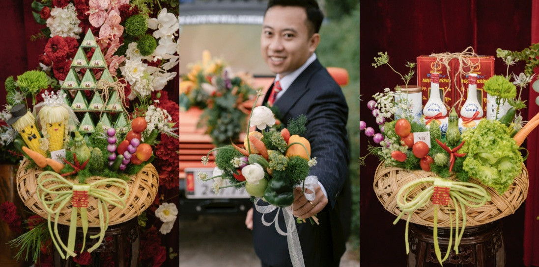 Chú rể Bình Định sử dụng hơn 400 chiếc bánh đặc sản các loại để làm tráp cưới và đãi quan khách hai bên.