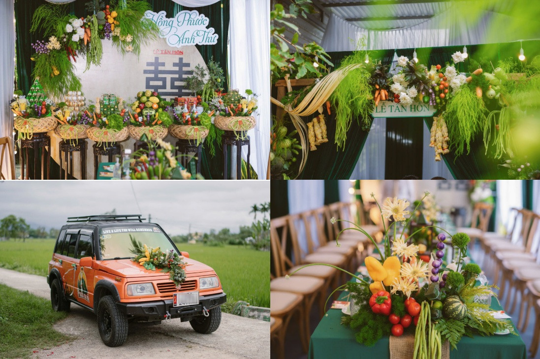 Đám cưới ở Bình Định được trang trí bằng 200kg rau củ quả và hàng trăm chiếc bánh đặc sản khác nhau.