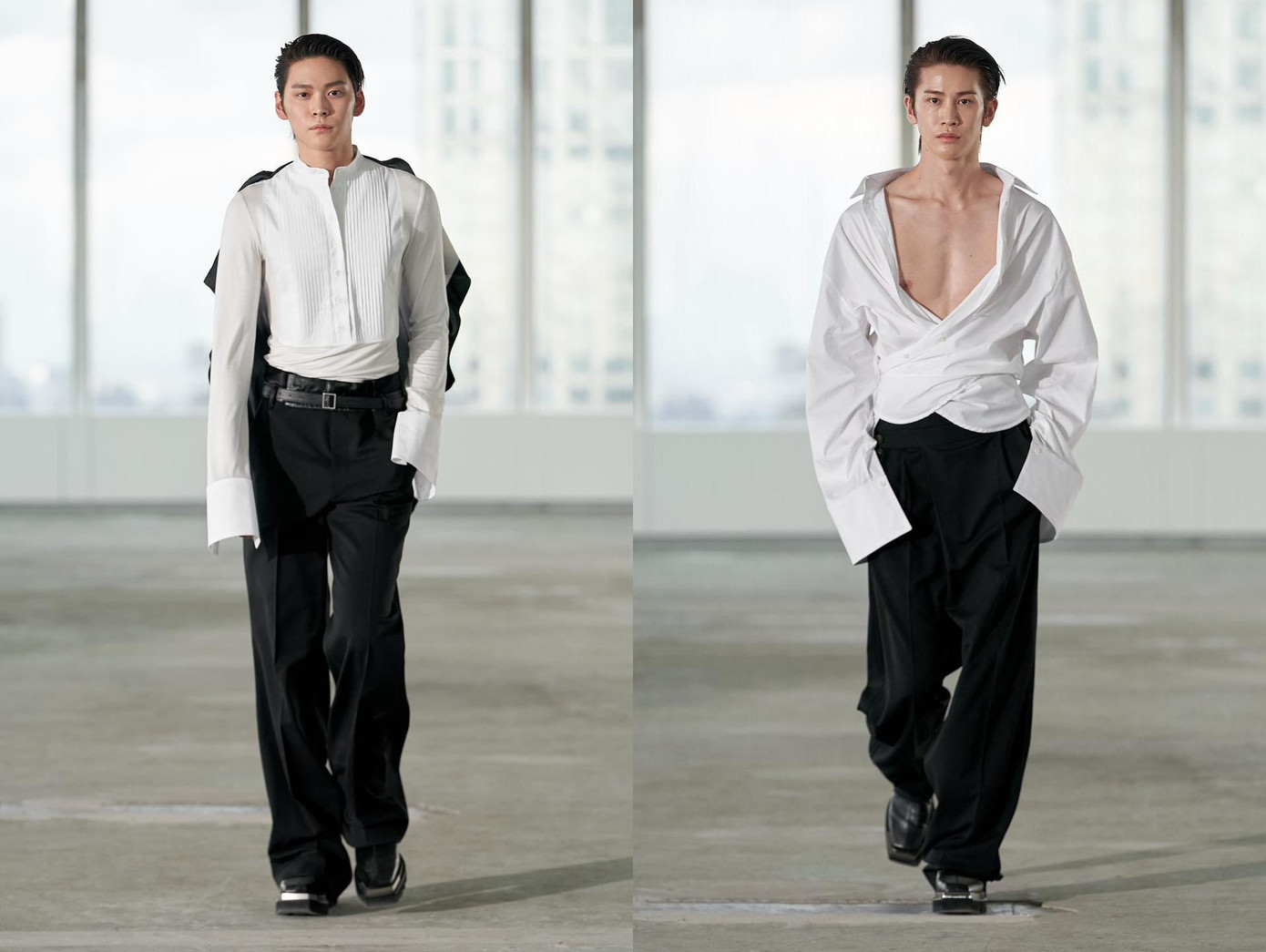 Eunseok (trái) và Shohei (phải) sải bước tại sàn diễn thời trang của Peter Do.