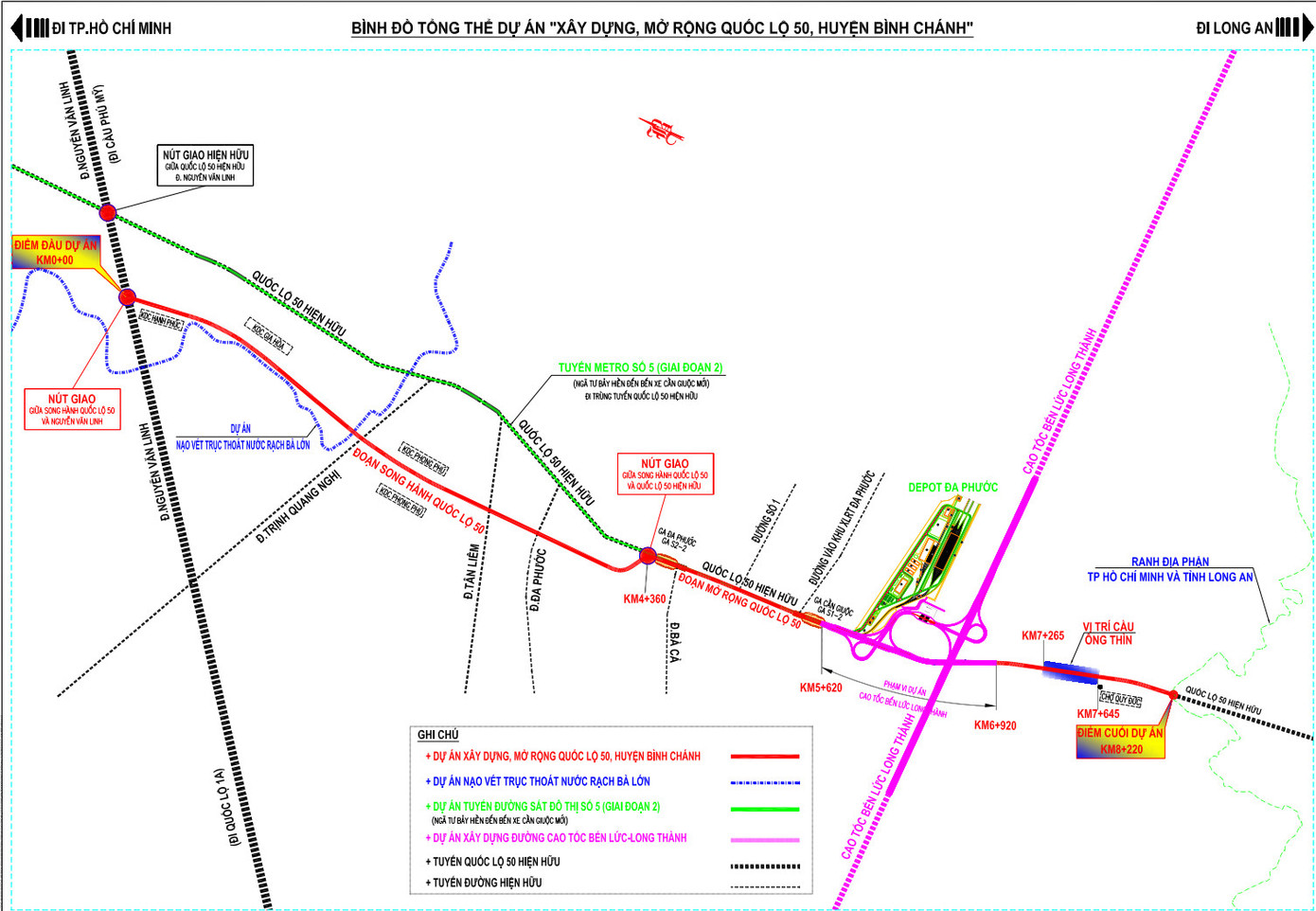 Bình đồ tổng thể dự án xây dựng, mở rộng quốc lộ 50, đoạn qua huyện Bình Chánh. Ảnh: Ban Giao thông TPHCM Bình đồ tổng thể dự án xây dựng, mở rộng quốc lộ 50, đoạn qua huyện Bình Chánh. Ảnh: Ban Giao thông TPHCM