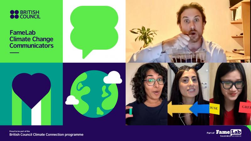 Minh Anh (áo đỏ) khi trình bày bài diễn thuyết của mình tại vòng Chung kết của FameLab 2021. Minh Anh (áo đỏ) khi trình bày bài diễn thuyết của mình tại vòng Chung kết của FameLab 2021.