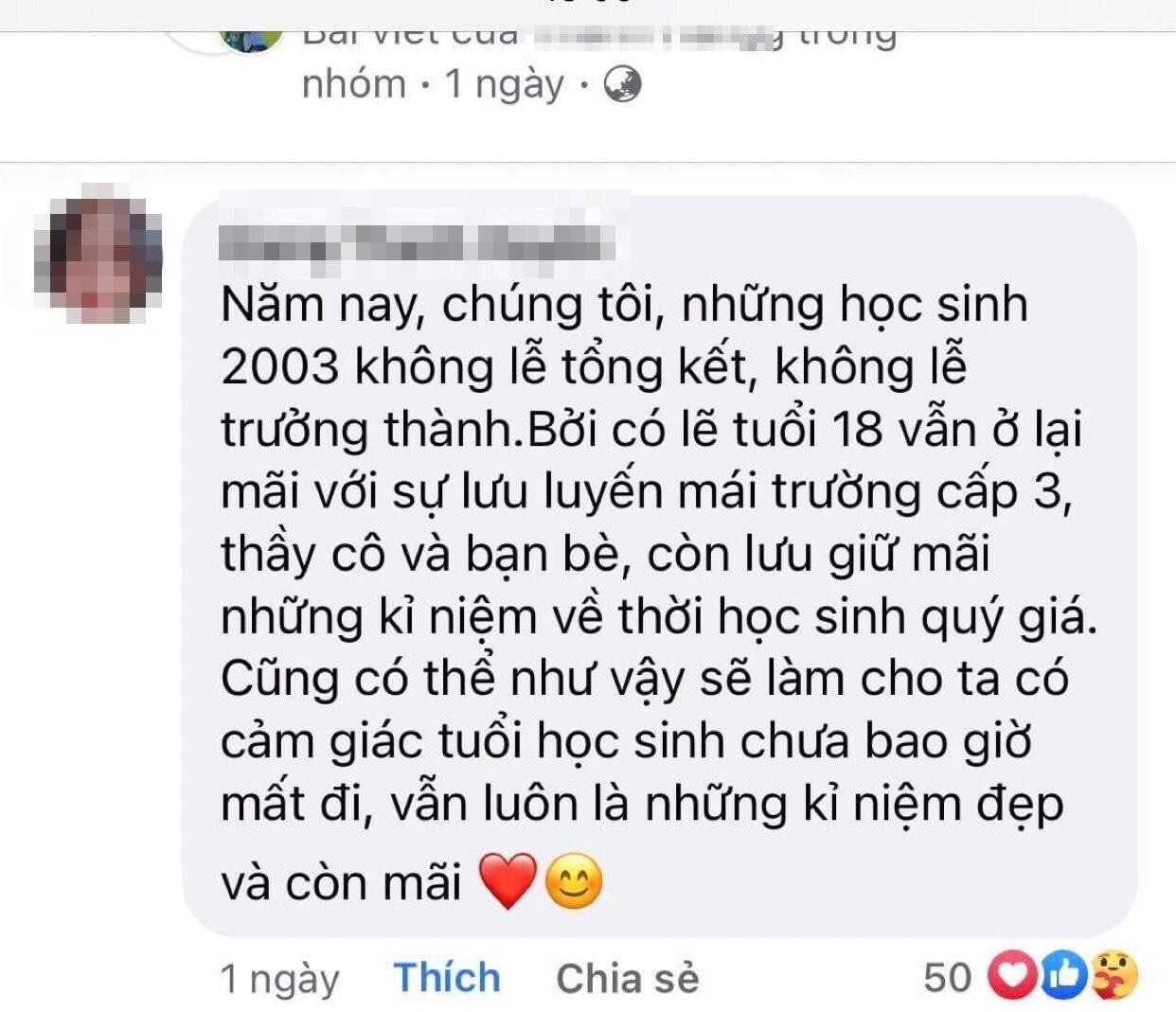 Nhiều bạn tự an ủi rằng, không có lễ trưởng thành sẽ khiến các bạn có cảm giác tuổi học sinh chưa bao giờ mất đi, vẫn còn mãi. Nhiều bạn tự an ủi rằng, không có lễ trưởng thành sẽ khiến các bạn có cảm giác tuổi học sinh chưa bao giờ mất đi, vẫn còn mãi.