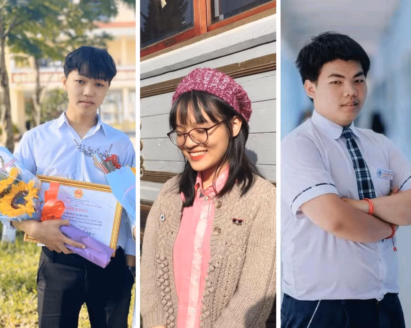 (từ trái qua) Văn Quang - Thiên Nhi - Quang Huy chính là ba gương mặt đạt được điểm cao nhất tại môn Ngữ Văn. Ảnh: Internet