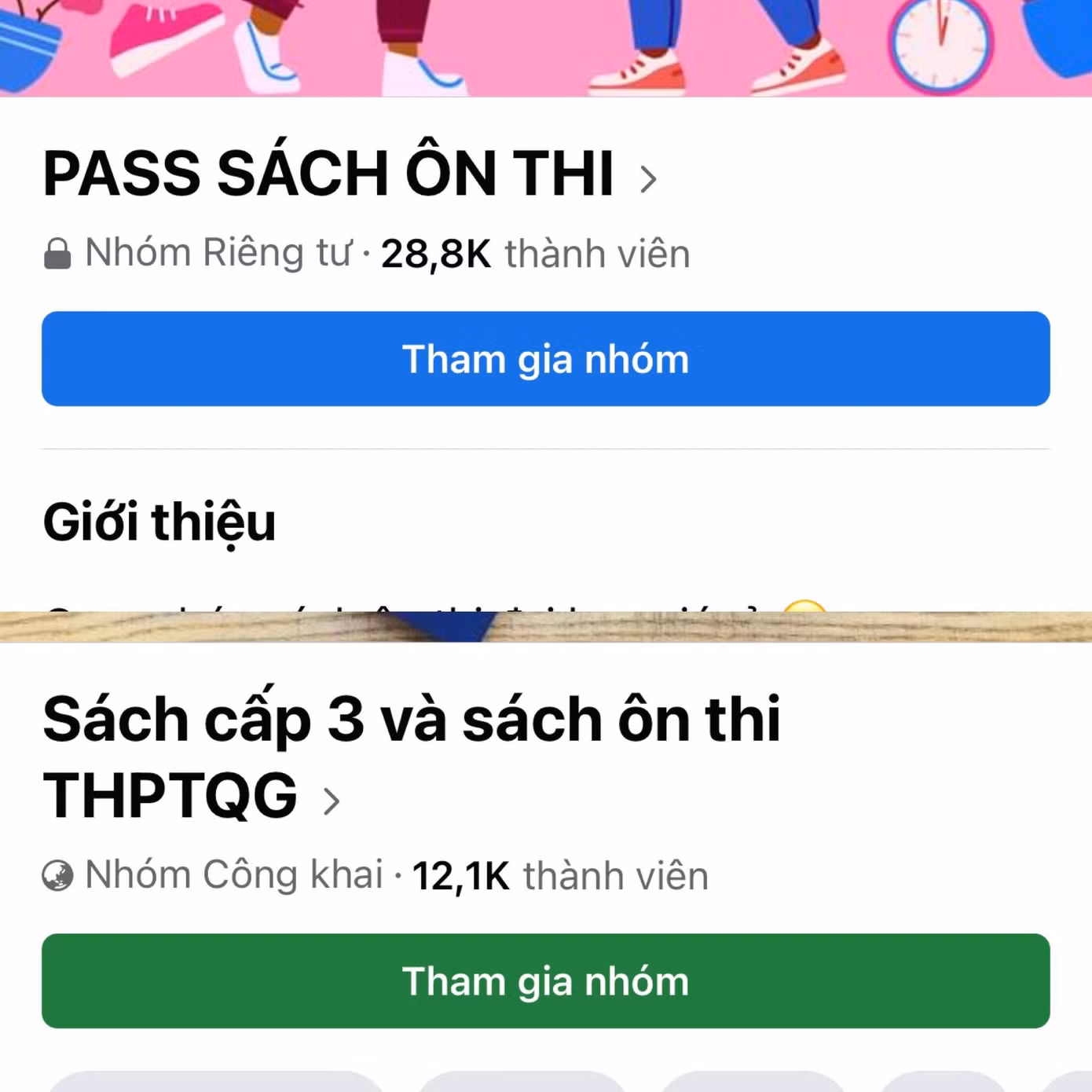 Teen vẫn có thể truy cập vào các hội nhóm để có thể mua, xin lại sách cũ của các anh chị đi trước. Ảnh chụp màn hình.