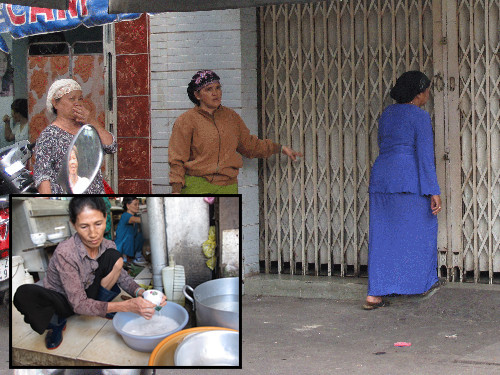 Nhiều nạn nhân tuyệt vọng đứng nhìn cánh cửa nhà bà Linh đóng im ỉm (ảnh lớn). Bà Nguyễn Thị Ba (rửa chén thuê) bị giật hụi 3,6 triệu đồng (ảnh nhỏ)