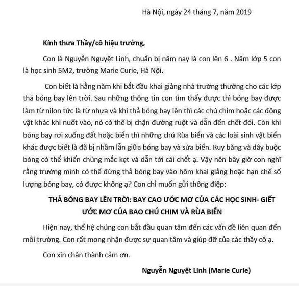 Bộ trưởng Tài nguyên gửi thư khen cô bé đề xuất 'không thả bóng bay' ảnh 1