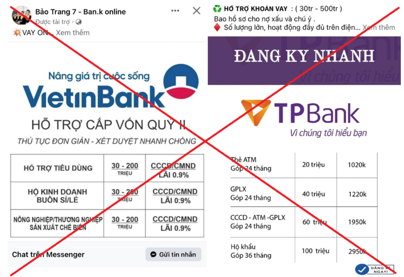 Hình ảnh chào mời của các đối tượng giả danh ngân hàng trên mạng xã hội. Hình ảnh chào mời của các đối tượng giả danh ngân hàng trên mạng xã hội.
