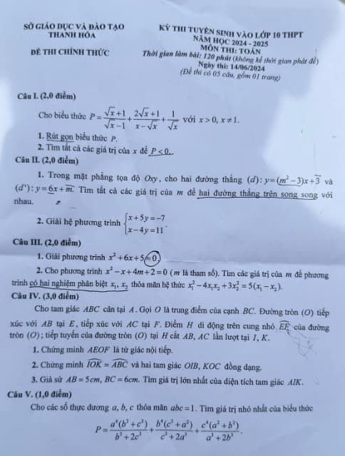 Đề thi môn Toán vào lớp 10 năm 2024 tại Thanh Hoá.