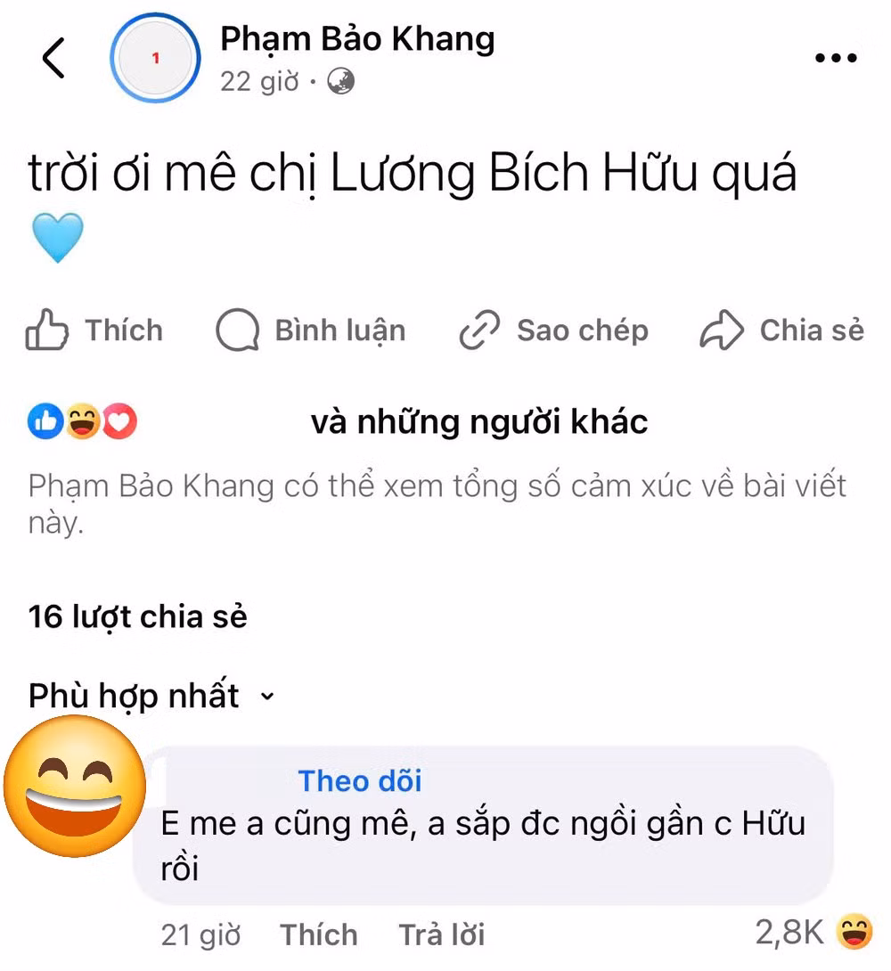 HURRYKNG công khai “đu idol” trên trang cá nhân, bày tỏ sự mến mộ với Lương Bích Hữu.