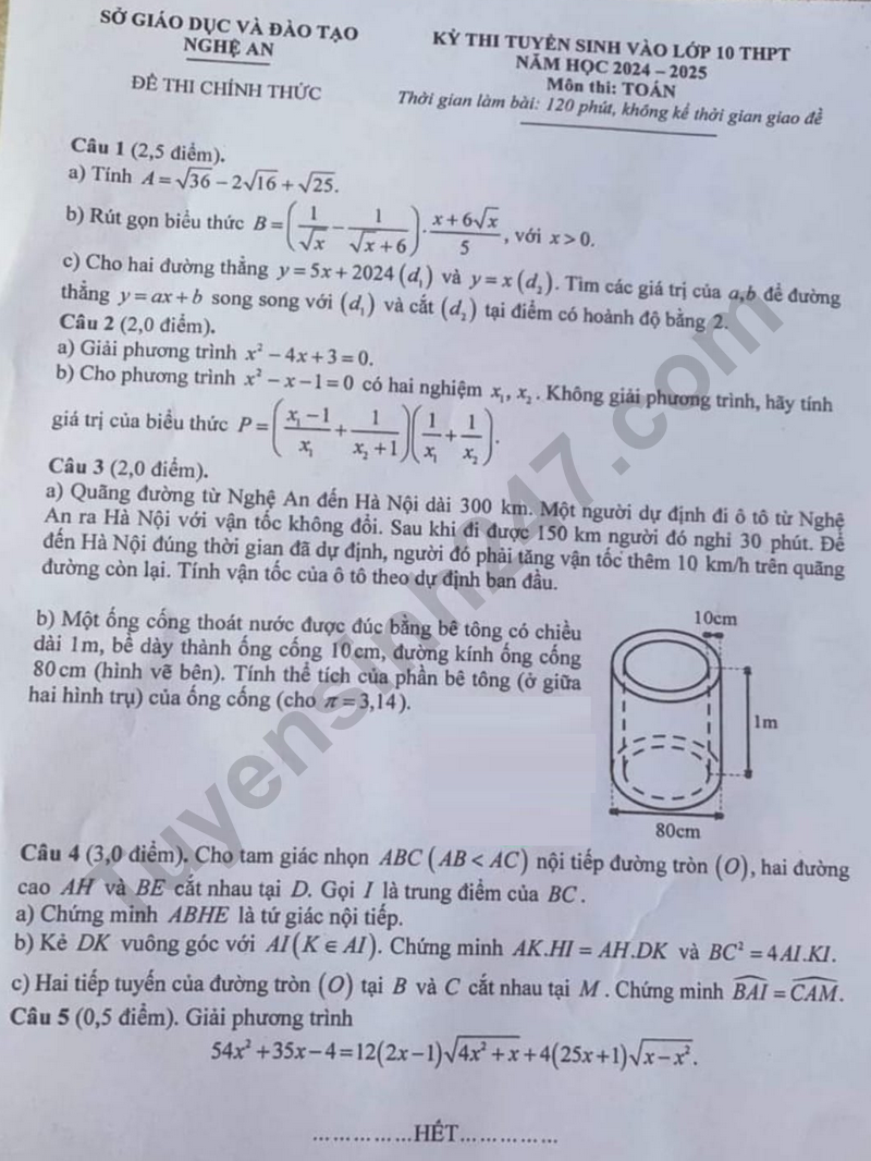Đề thi môn Toán vào lớp 10 năm 2024 tại Nghệ An. Đề thi môn Toán vào lớp 10 năm 2024 tại Nghệ An.