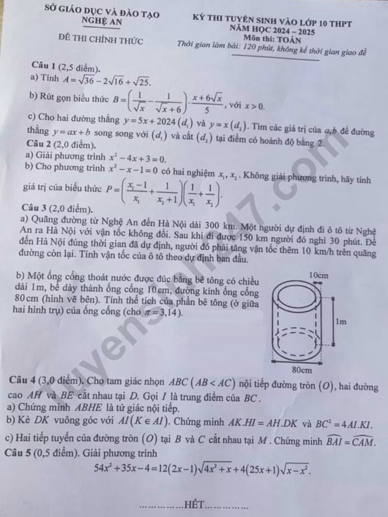 Đề thi môn Toán vào lớp 10 năm 2024 tại Nghệ An.