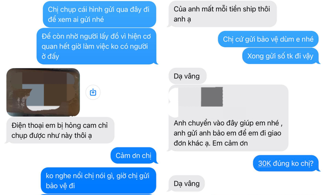Tin nhắn giữa anh H. và đối tượng mạo danh shipper. Tin nhắn giữa anh H. và đối tượng mạo danh shipper.