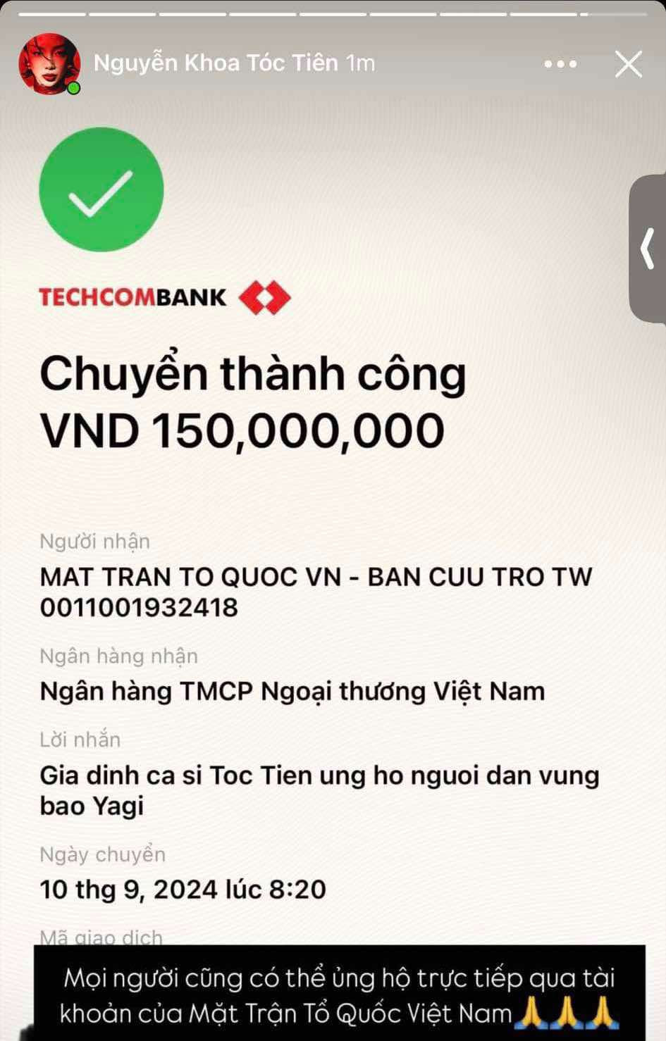 Ca sĩ Tóc Tiên ủng hộ 150 triệu và hướng dẫn mọi người cách ủng hộ tới bà con vùng bão lũ. Ca sĩ Tóc Tiên ủng hộ 150 triệu và hướng dẫn mọi người cách ủng hộ tới bà con vùng bão lũ.