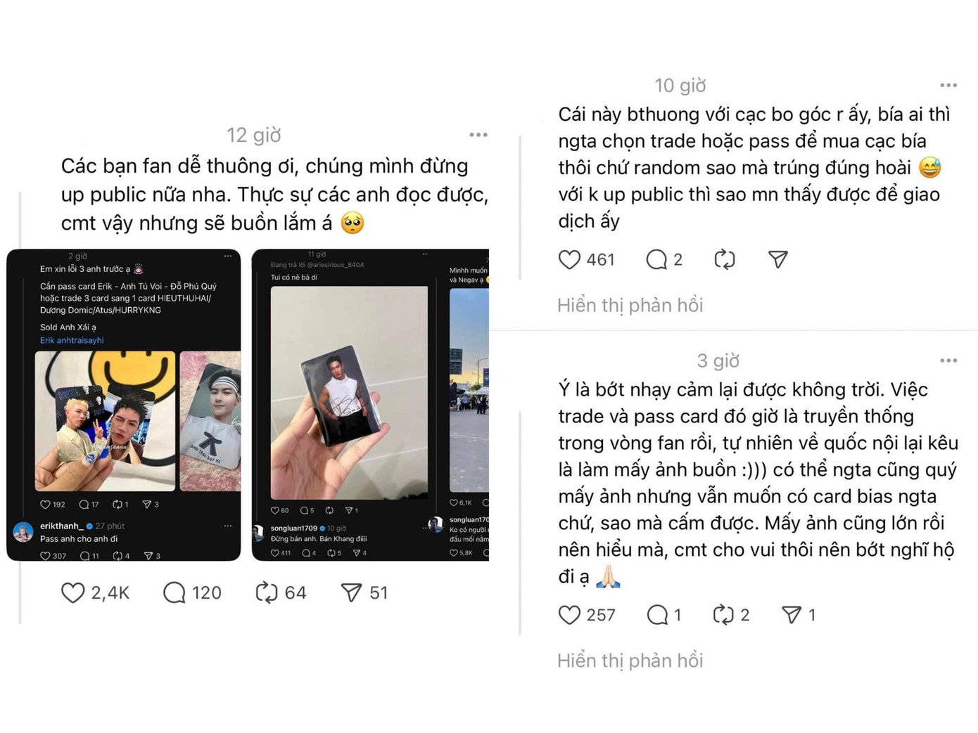 Hai luồng ý kiến khác nhau về vụ việc bán card bo góc của các Anh trai. Hai luồng ý kiến khác nhau về vụ việc bán card bo góc của các Anh trai.