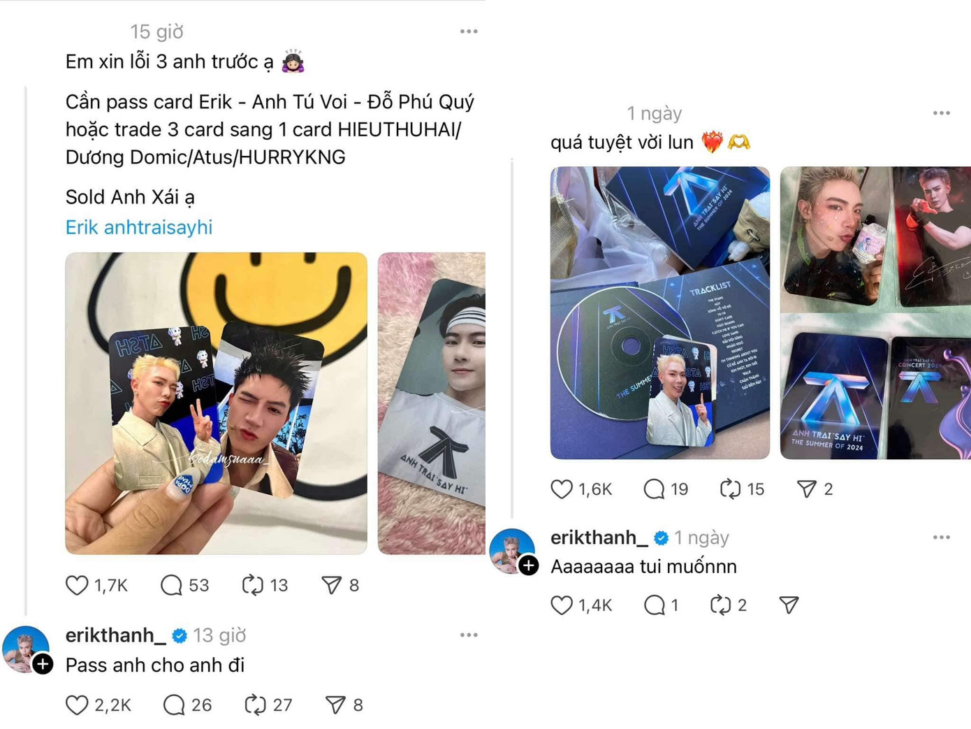 Về phần ERIK, nam ca sĩ cũng “giả dạng” làm fan để mua card bo góc hình chính mình. Về phần ERIK, nam ca sĩ cũng “giả dạng” làm fan để mua card bo góc hình chính mình.