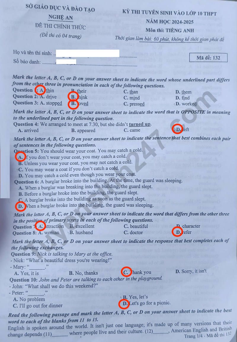 Đề thi môn tiếng Anh mã đề 132. Đề thi môn tiếng Anh mã đề 132.