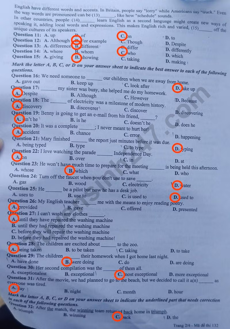 Đề thi môn tiếng Anh mã đề 132.