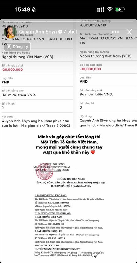 Quỳnh Anh Shyn ủng hộ 50 triệu đồng, san sẻ nỗi khó khăn cùng người dân miền Bắc.