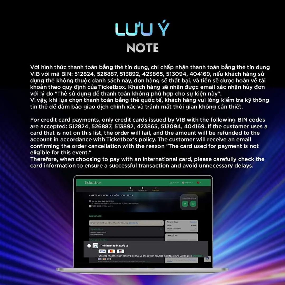 Lưu ý về việc thanh toán của đơn vị phân phối vé concert ATSH D-3. Ảnh: Ticketbox Lưu ý về việc thanh toán của đơn vị phân phối vé concert ATSH D-3. Ảnh: Ticketbox