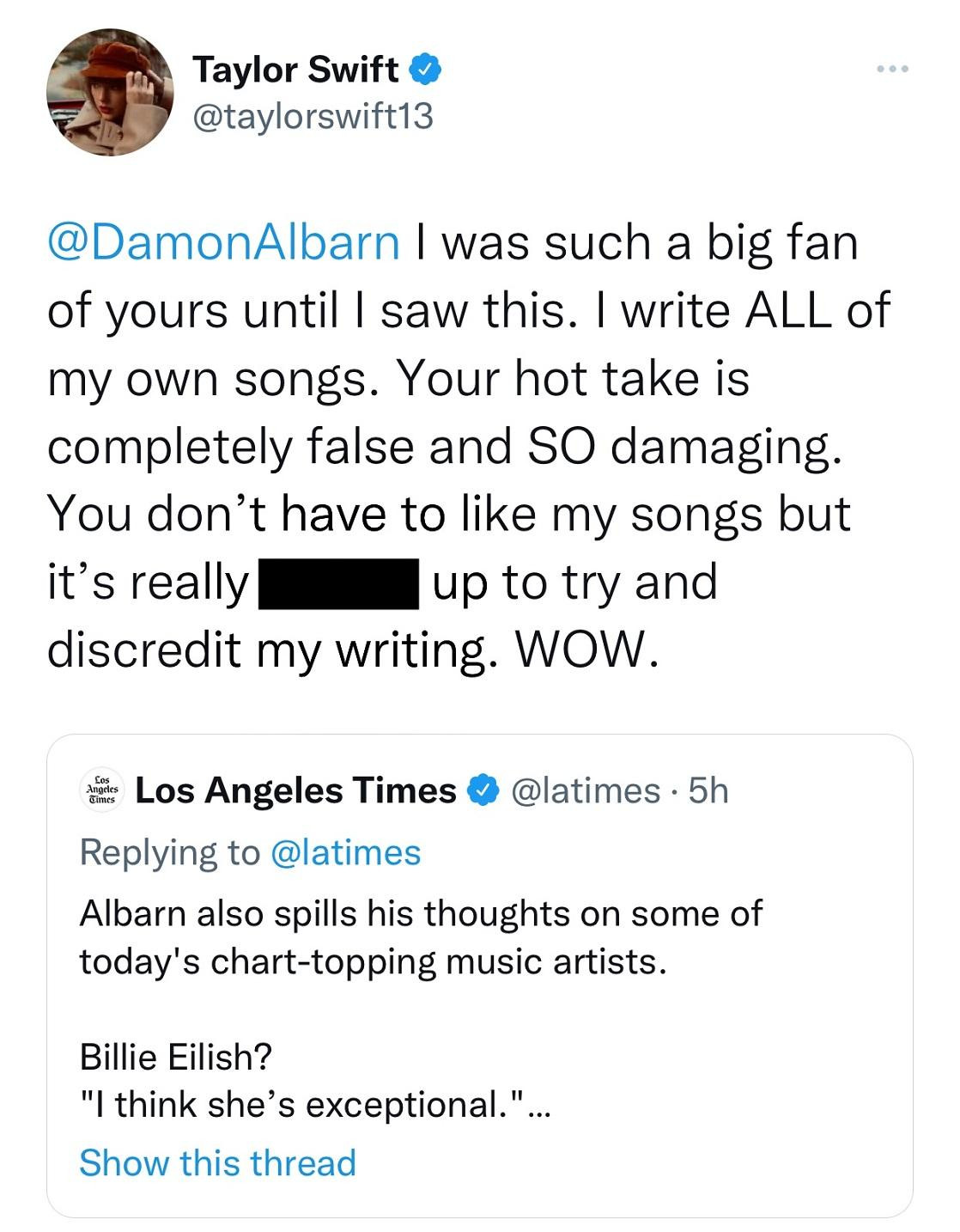 Taylor thể hiện sự thất vọng của mình với phát ngôn của Damon.