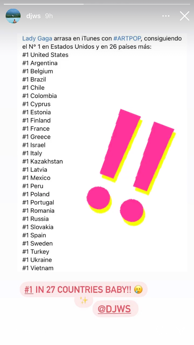 Trên Instagram Stories của DJ White Shadow, anh đã không khỏi "mừng rỡ" vì "ARTPOP" đã đạt #1 trên BXH iTunes Album ở 27 quốc gia.