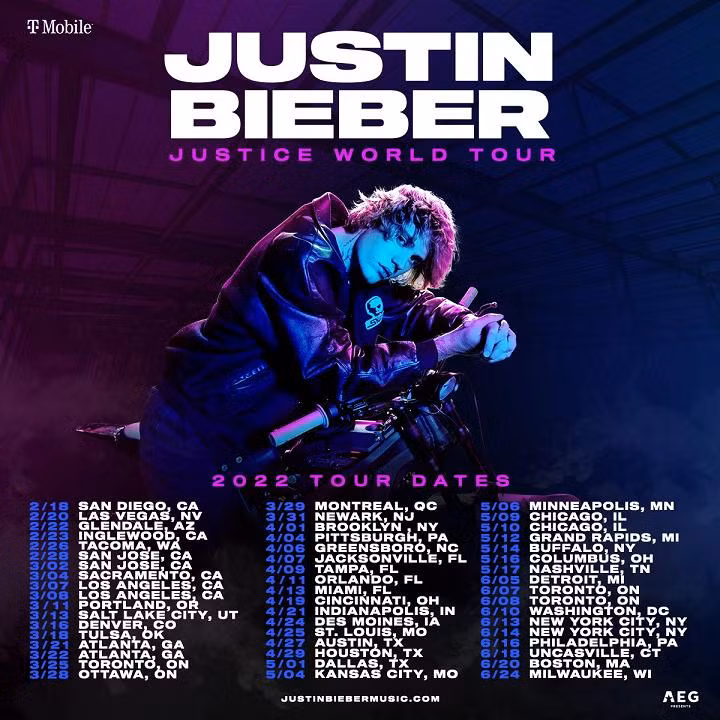 Lịch trình của "Justice World Tour" 2022 sẽ diễn ra tại 52 địa điểm. Lịch trình của "Justice World Tour" 2022 sẽ diễn ra tại 52 địa điểm.