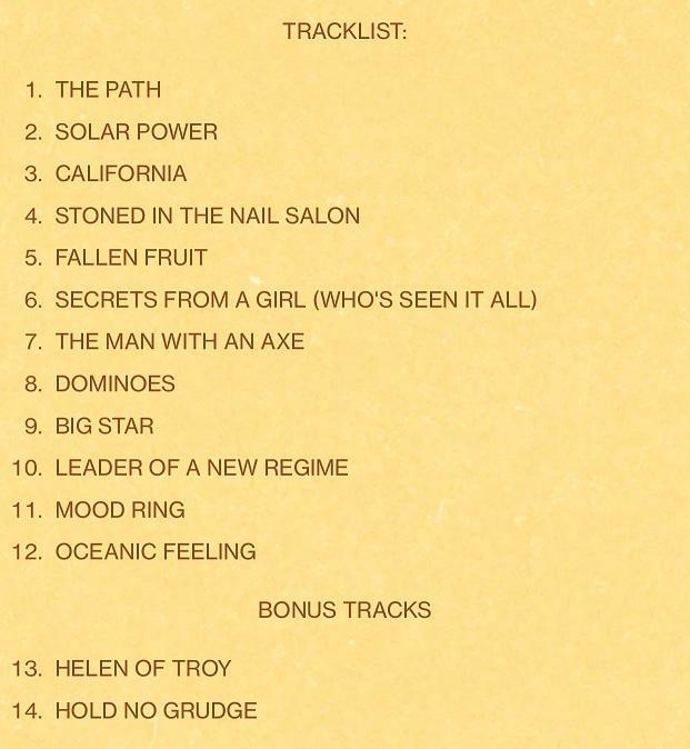 Tracklist của "Solar Power" được Lorde công bố trên trang web của mình. Tracklist của "Solar Power" được Lorde công bố trên trang web của mình.