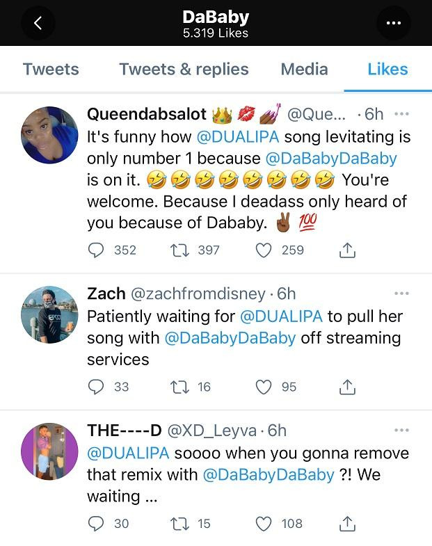 Các fan của DaBaby “cà khịa” rằng Levitating nổi tiếng là nhờ sự góp mặt thần tượng mình. Các fan của DaBaby “cà khịa” rằng Levitating nổi tiếng là nhờ sự góp mặt thần tượng mình.