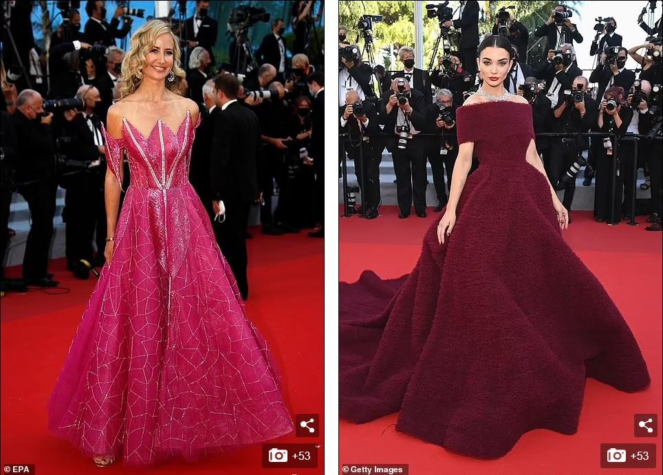 Nữ người mẫu quý tộc Anh Victoria Hervey (trái) lộng lẫy với đầm tím thiết kế lạ mắt. Cũng chọn đầm tím, Amy Jackson khiến người nhìn choáng váng với phong cách "thời trang phang thời tiết".