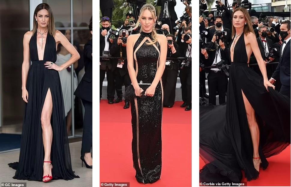 Siêu mẫu Nieves Alvarez, 47 tuổi (trái và phải) phóng khoáng với đầm đen bay bổng. &quot;Chân dài&quot; Dylan Penn, 30 tuổi (giữa) cũng chọn váy đen nhưng thiết kế ôm sát cơ thể, có chi tiết cắt đối xứng hai bên đủ gợi cảm mà không quá phô phang.