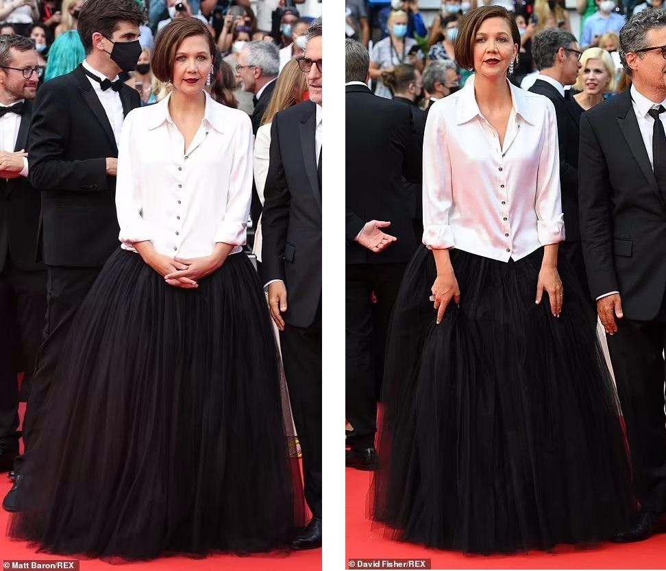 Maggie Gyllenhaal kết hợp áo sơ mi trắng và chân váy dài đen chấm đất đơn giản mà vẫn thanh lịch.